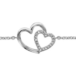 BRACELET ARGENT RHODIE DOUBLE COEUR CROISE OXYDES BLANCS