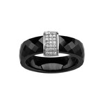 BAGUE ARGENT RHODIE ANNEAU CERAMIQUE FACETE NOIRE BARETTE OX