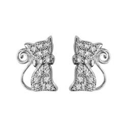 Boucles d'oreilles argent rhodi chat oxydes blancs