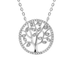 COLLIER ARGENT RHODIE PENDENTIF ARBRE DE VIE OXYDES BLANCS