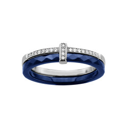 BAGUE ARGENT RHODIE DOUBLE ANNEAU 1 CERAMIQUE BLEU 1 RAIL OX