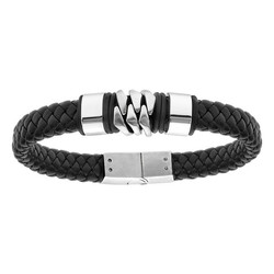 BRACELET ACIER ET CUIR TRESSE BOVIN NOIR