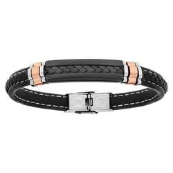 BRACELET ACIER TRESSE NOIR POLYUR�THANE AVEC PVD NOIR ET ELEMENT PVD ROSE