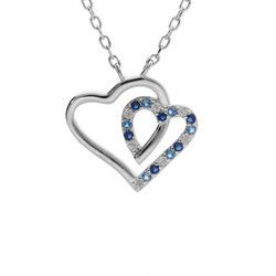COLLIER ARGENT RHODI� PENDENTIF DOUBLE COEUR CONTOUR OXYDES BLEUS ET BLANCS