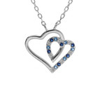 COLLIER ARGENT RHODI� PENDENTIF DOUBLE COEUR CONTOUR OXYDES BLEUS ET BLANCS