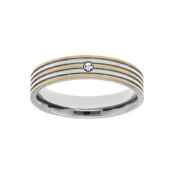 BAGUE ACIER ET PVD DOR� AVEC 1 OXYDE BLANC