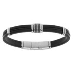 BRACELET ACIER ET CAOUTCHOUC ET CABLE NOIR 20+1CM DOUBLE FERMOIR