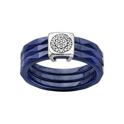 Bague argent rhodi 3 anneaux ceramique bleu oxydes blancs