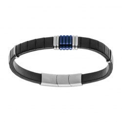 BRACELET ACIER ET CUIR BOVIN NOIR AVEC BARETTES PVD BLEU