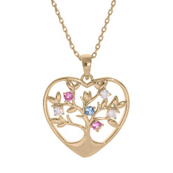 COLLIER PLAQU OR PENDENTIF COEUR ARBRE DE VIE OXYDES COULEU