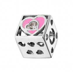 CHARMS COULISSANT ARGENT RHODIE CUBE AVEC COEURS RESINE ROSE