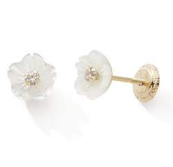 BOUCLE D'OREILLES 375 OR JAUNE OXYDE NACRE FLEUR BLANCHE