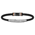 BRACELET ACIER RONDELLES ET PVD ROSE CUIR TRESSE NOIR REGLAB