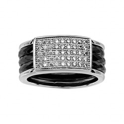 BAGUE ARGENT RHODIE ET 3 ANNEAUX CERAMIQUE NOIRE FACETES PAV