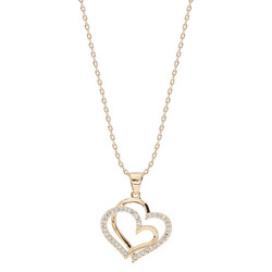 COLLIER PLAQU OR DOUBLE COEUR OXYDES BLANCS 