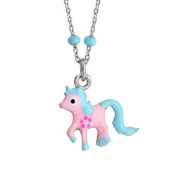 collier argent  rhodie pendentif poney rose et bleu