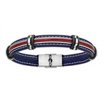 BRACELET ACIER ET CUIR BOVIN BLEU ET ROUGE 2 CABLES GRIS 20C