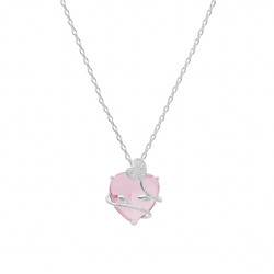 COLLIER ARGENT PLATIN PENDENTIF COEUR OXYDE ROSE AVEC VOLUT