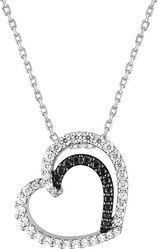 Collier argent rhodi coeur oxydes blanc & noirs