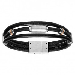 BRACELET ACIER ET CUIR NOIR BOVIN 3 RANGS