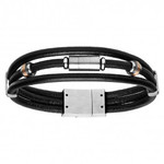 BRACELET ACIER ET CUIR NOIR BOVIN 3 RANGS