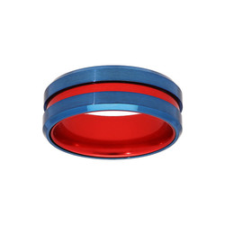 Bague acier  et aluminium bleu filet rouge