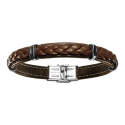 BRACELET ACIER ET CUIR BOVIN MARRON MODELE HOMME 20CM REGLABLE