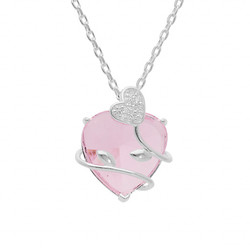 COLLIER ARGENT PLATIN PENDENTIF COEUR OXYDE ROSE AVEC VOLUT