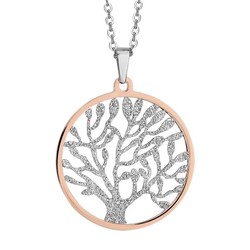 Collier acier arbre de vie givr PVD rose