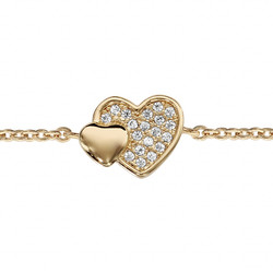 BRACELET PLAQU OR DOUBLE COEUR PAVE OXYDES BLANCS ET LISSE