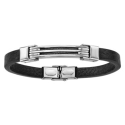 BRACELET ACIER ET CUIR BOVIN NOIR 2 RANGS CABLE NOIR