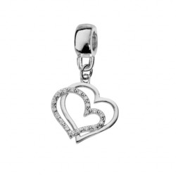CHARMS COULISSANT ARGENT PLATIN SUSPENDU DOUBLE COEURS OXYD