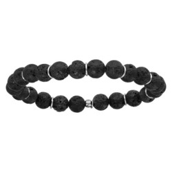 Bracelet argent rhodi extensible pierre de lave noire