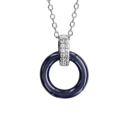 COLLIER ARGENT RHODIE DOUBLE ANNEAU 1 CERAMIQUE BLEU MARINE 