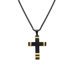 COLLIER ACIER PVD NOIR PENDENTIF CROIX 40X28MM AVEC MOTIF DOR�