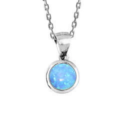 COLLIER ARGENT RHODIE PENDENTIF OPALE BLEUE RONDE VRITABLE